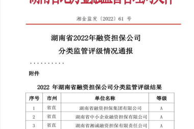 财鑫担保荣获2022年湖南金融监管评级A级